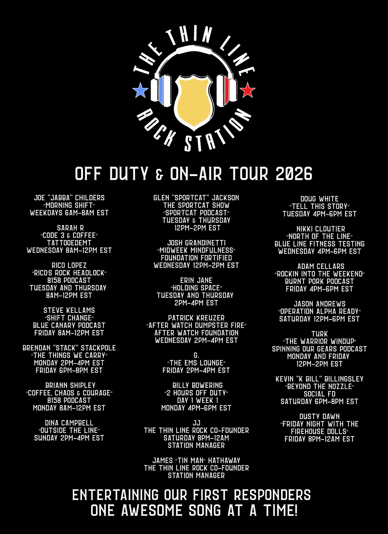 The Thin Line Rock Station "Off Duty & On Air" 2026 Tour Shirt.